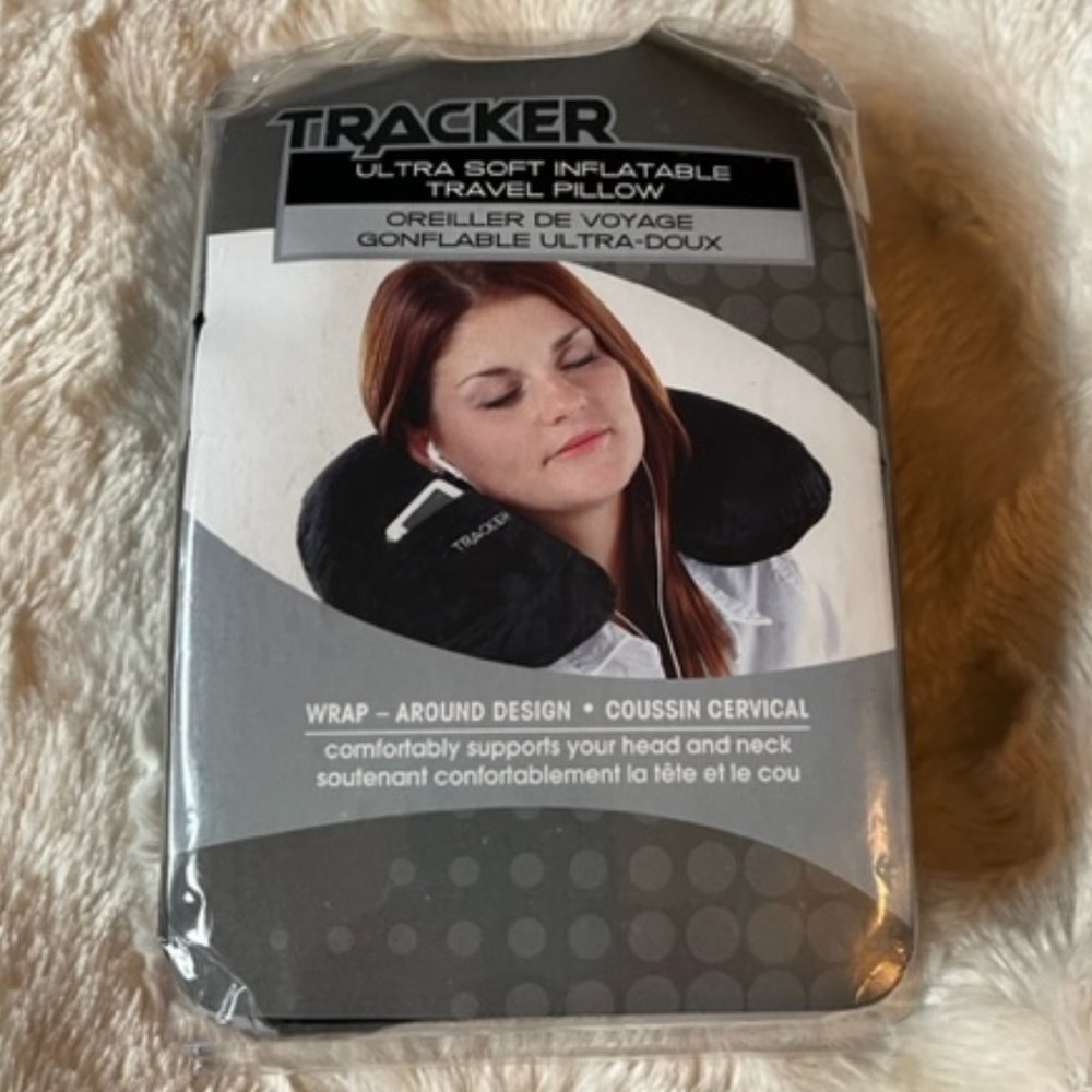 Tracker Ultra Soft Inflatable Travel Neck Pillow Black Wrap Around NIP Travel